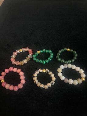 6 Assorted Women's Beaded Stretch Rings - Pink, Green, White, Brown, Multicolor